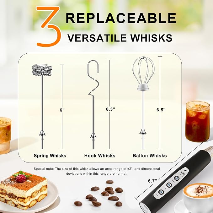 YUSWKO Handheld Milk Frother Wand for Coffee, Rechargeable Electric Whisk with 3 Heads 3 Speeds Drink Mixer Coffee Frother For Latte, Cappuccino, Hot Chocolate, Egg, Black