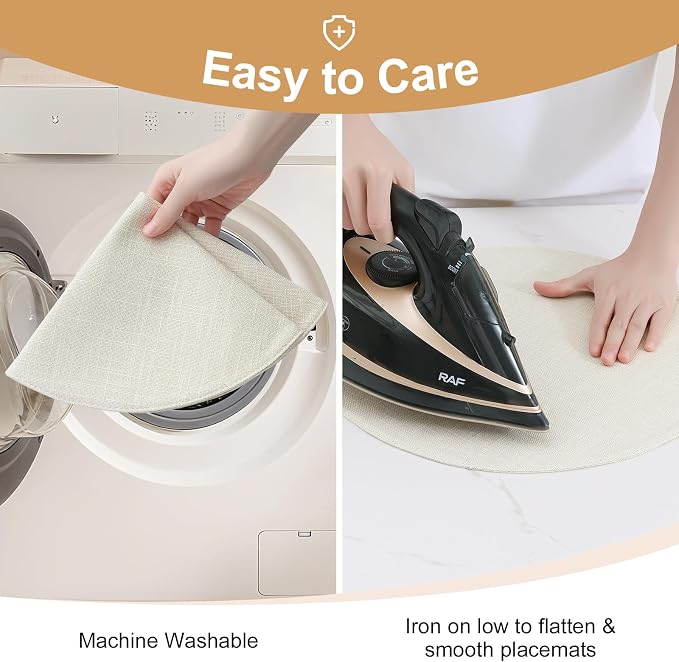 Cotton Linen 15 Inch Round Cloth Place mats, Set of 6, Cream | Washable Table Mats, Heat Resistant, Reversible, Wipeable Place Mats for Indoor Outdoor