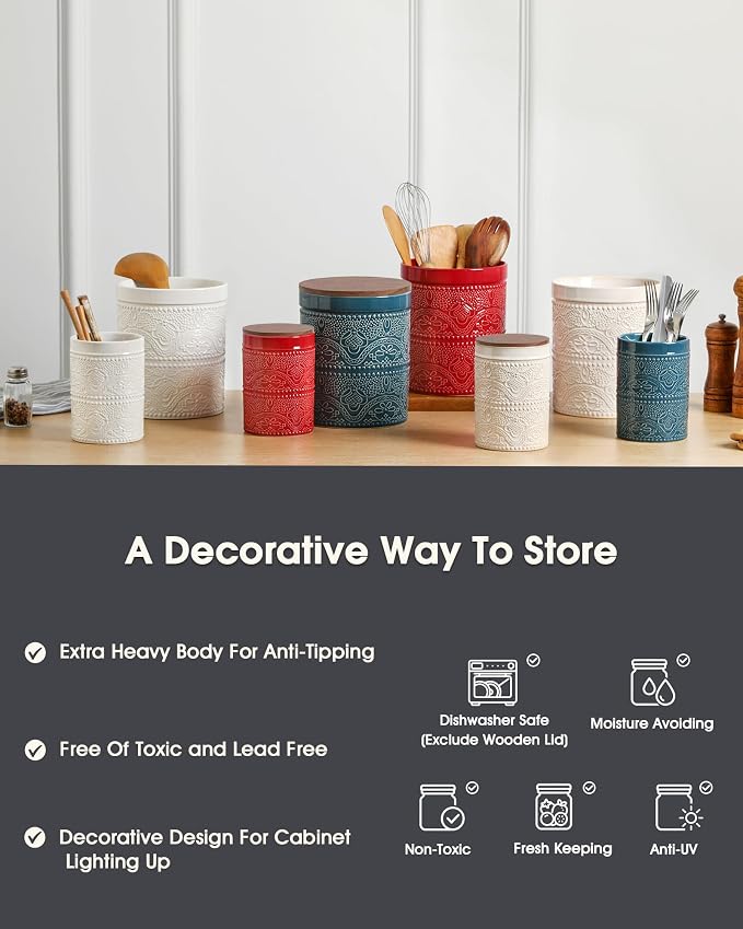 Ceramic Canister Sets for the Kitchen, Flour and Sugar Storage Containers, Coffee Canister with Airtight Lid for Countertops, Spices, and Food,(Lace Emboss)