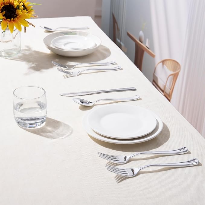 144 Pack Silver Premium Heavy Duty Plastic Silverware, 48 Forks, 48 Spoons, 48 Knives, For Catering, Parties, Dinners and Weddings, BPA-Free, Disposable Plastic Cutlery Set Utensils Set