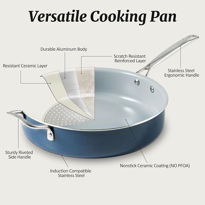 Nonstick Sauté Pan with Lid 5 QT Deep Frying Pan with Stainless Steel Helper Handle 12 inch Large Skillet Ceramic Jumbo Cooker for Healthy Cooking, Induction Compatible Cookware, PFOA Free