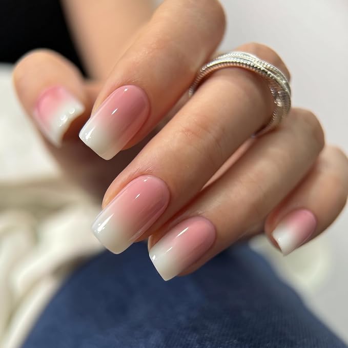 CurvLife Short Square Press On Nails, Ivory Pink Ombre,Soft Gel | 32PCS, 16 Sizes, Salon-Quality Natural Fake Nails, Curved Fit, 7-14 Day Glue-On Wear, Reusable Stick-On Nails, Press-On Kit