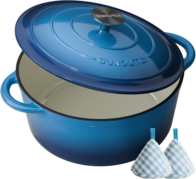 Enameled Cast Iron Dutch Oven - 7.5QT Dutch Oven Pot with Lid & Cotton Potholders - Heavy-Duty Non Stick Casserole Pot for Braising, Stews, Roasting, Baking, Suitable for All Stovetops, Navy Blue