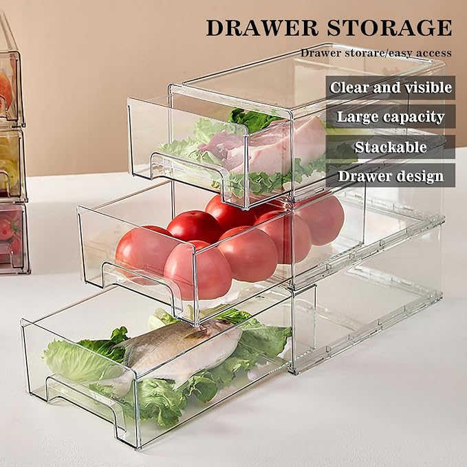 MANO 2Pack Clear Fridge Drawers Pull Out Stackable Refrigerator Drawer Organizer Bins Pantry Storage Box Plastic Food Containers for Kitchen Bathroom Office Closet (2pack Large)
