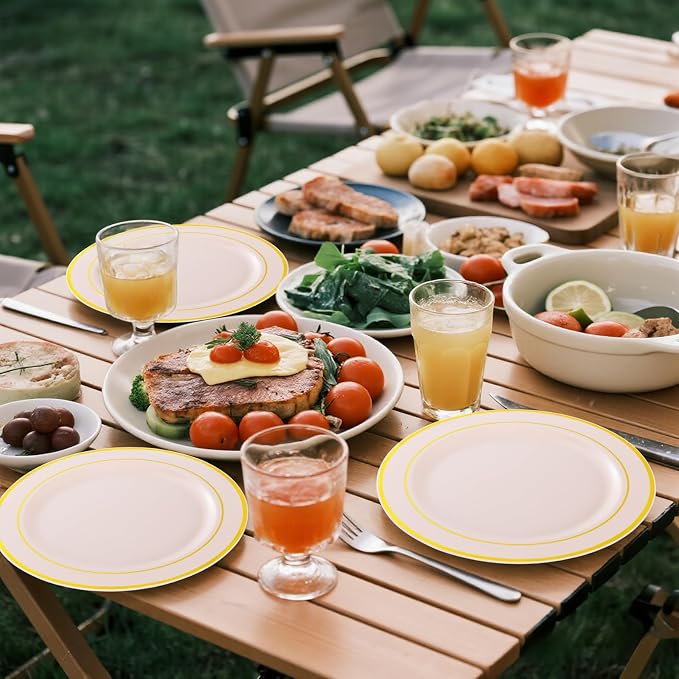 GATHER 350PCS Pink Plastic Plates with Gold Rim for Wedding Baby Shower | Pink Disposable Plastic Dinnerware Set include 100 Plates, 150 Silverware, 50 Napkins, 50 Cups for Party Birthday