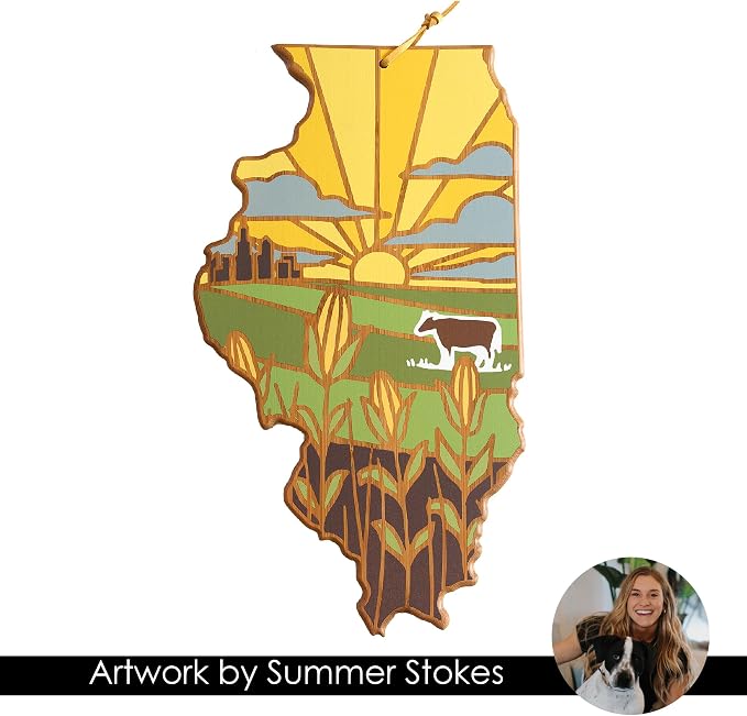 Totally Bamboo Illinois State Shaped Cutting Board, Summer Stokes Art | State charcuterie board with colorful hand-drawn landscape art. Smooth reverse side for food prep. Hang tie for wall display.