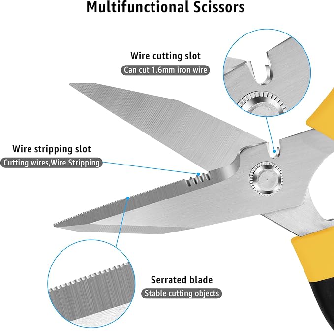 BoFuYuan Utility Scissors All Purpose heavy duty 8-Inch Yellow | Comfort Grip, Sharp Serrated Blades Cutting Carpet Cardboard Wire Fabric, Multipurpose Shears for Kitchen Garden Office Craft
