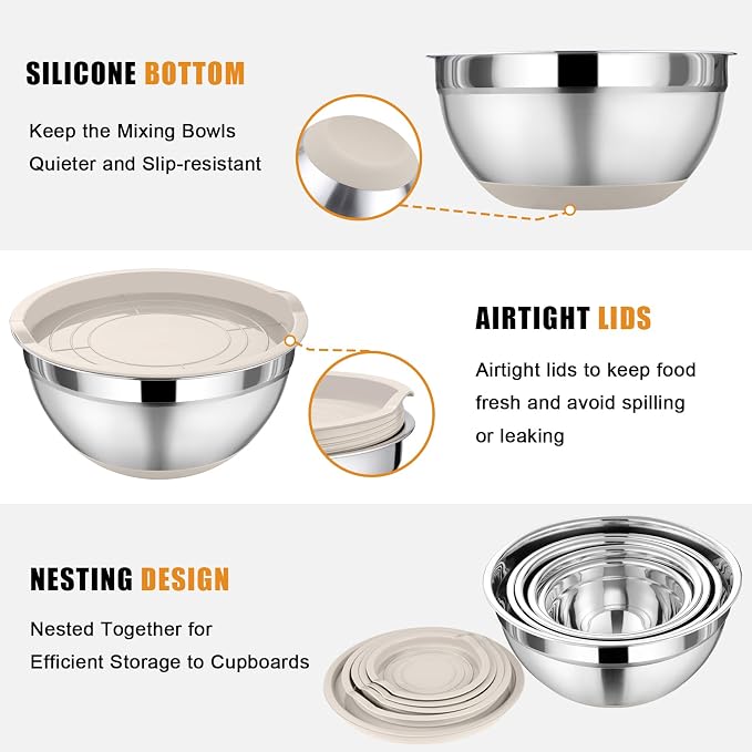P&P CHEF Mixing Bowls with Lid Set, Nesting Bowl for Storing, Khaki | 5 Piece Stainless Steel Salad Mixing Bowls for Prepping, 3 Grater Attachments & Non-Slip Bottoms, Size 1/1.5/2 / 2.6/4.6 QT