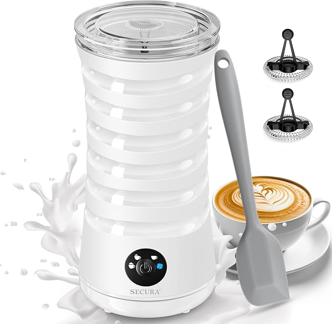 Secura Electric Milk Frother, 4-in-1 Automatic Hot & Cold Foam Maker | Quiet Operation & Easy Cleanup – Create Rich, Smooth Foam for Lattes and Cappuccinos, Includes Silicone Spatula