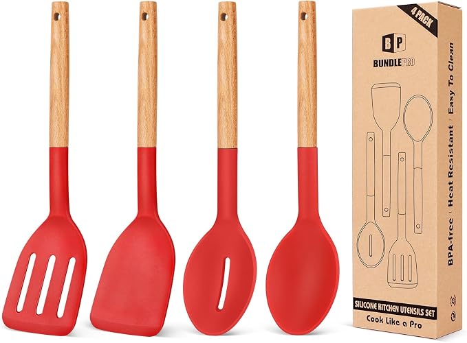 Pack of 4 Silicone Cooking Utensils Set, Non Stick Solid Spatulas and Heat Resistant Slotted Spoons with Wooden Handle, Ideal Wood Kitchen Utensils Set for Frying,Serving,Turning,Stirring (RED)
