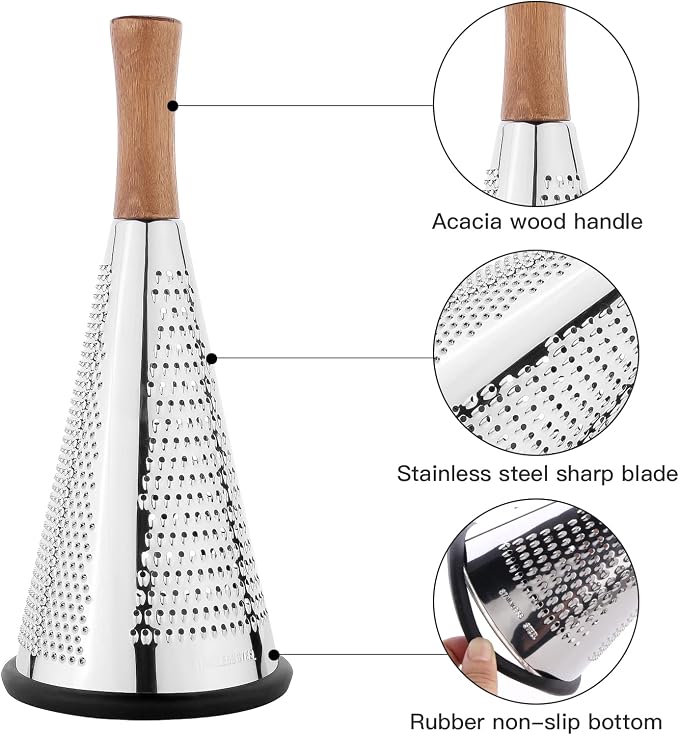 Cone Cheese Grater with Handle - Stainless Steel Triple Function Wood Handle Parmesan Shaver Non-Slip Rubber Bottom Hand Held Multifunction Vegetables Cheese Grater with container(S: 7.7" X 3.5")
