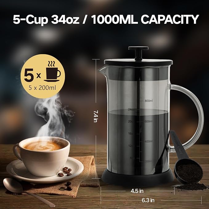YMMIND 34 Ounce French Press Coffee Maker, 5-Cup Espresso Coffee Maker, Grey Cold Brew Heat Resistant Thickened Borosilicate Coffee Pot with 4 Stainless Steel Filter Screens