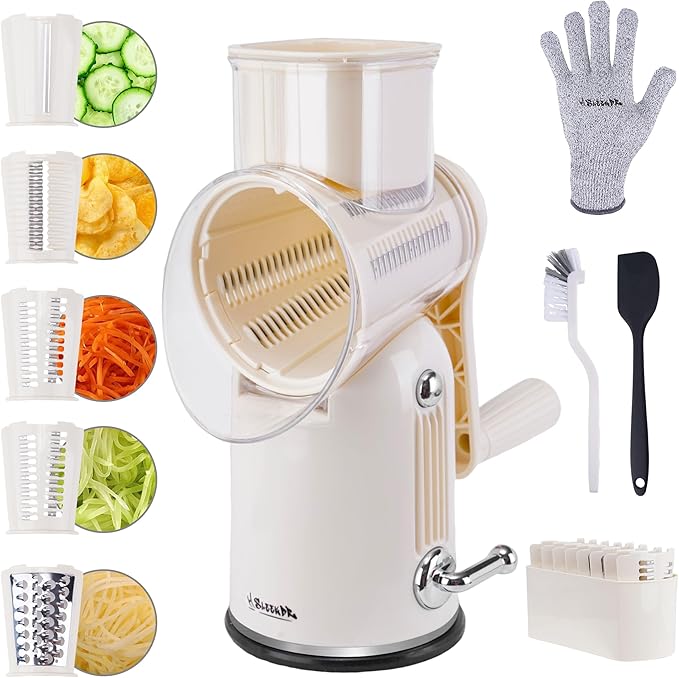 Rotary Cheese Grater with Handle, 5-Blade Cheese Shredder, BPA-Free (White) | Cheese Grater Hand Crank Slices, Shreds & Grates – Features Strong Suction Base, Stainless-Steel Blades & Easy Clean-Up