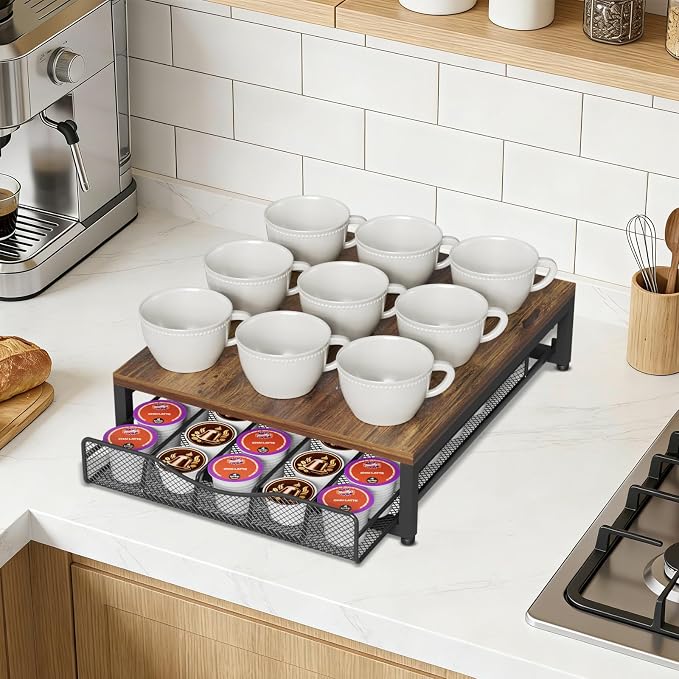 VyGrow Coffee Pod Holder For Counter, Wooden K Cup Holder with Single Layer Sliding Drawer, Large Capacity Coffee Pod Storage for Coffee Station, Home, Office, Kitchen