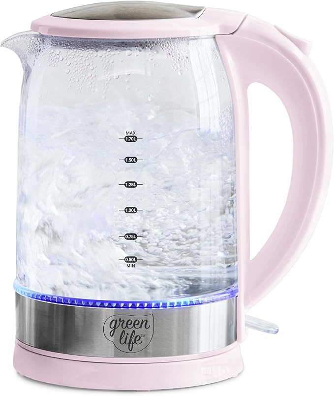 GreenLife 1.7 Liter Electric Glass Kettle, Pink | Glass Body, Auto Shutoff, Thermal Shock Resistant, Quick Heating, Easy One Touch Use, Cordless Serving, LED Base, Coffee/ Tea