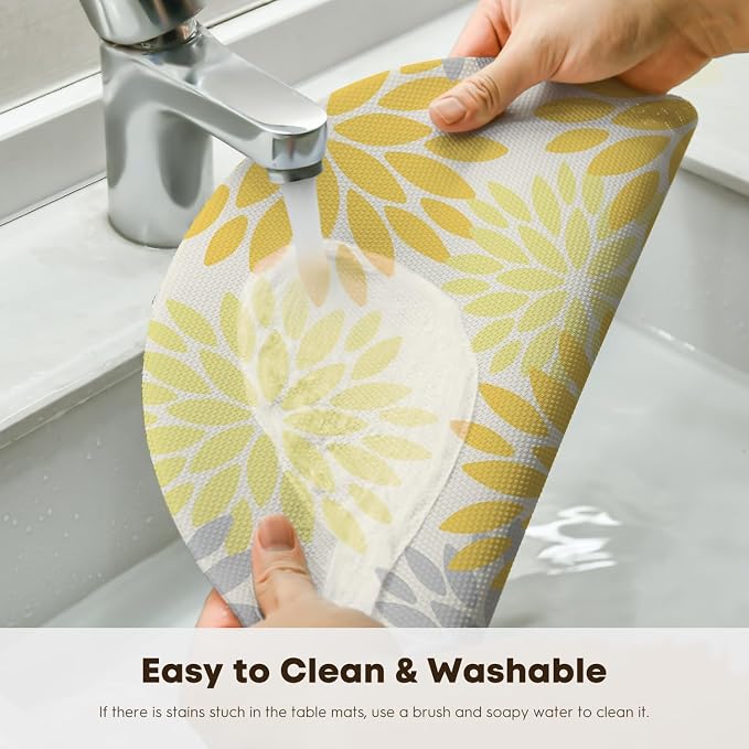 Artoid Mode Yellow Dahlia Plastic Round Placemats Set of 4, 14 Inch Seasonal Washable Woven Vinyl Table Mats for Farmhouse Party Kitchen Dining Decor