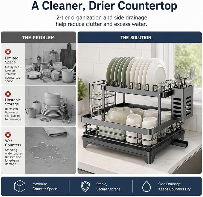 2-Tier 304 Stainless Steel Dish Drying Rack for Kitchen Counter, Gray | Dish rack separates plates, bowls, cups and utensils, while side drainage directs water toward the sink.