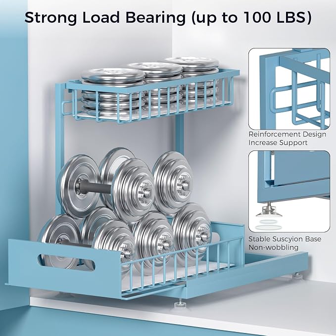 2-Pack L-Shaped Under Sink Organizer, 2-Tier Pull-out Cabinet Rack | Teal Height-Adjustable Steel Rack, Sliding Grid Drawers with PP Liners, Holds 100 Lbs, Suction Base, Ideal Kitchen Storage