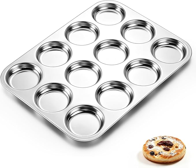 TeamFar Muffin Top Pan, 12 Cavity Stainless Steel Shallow Cupcake Pan | Muffin Tin for Baking Yorkshire Pudding, Whoopie Pie, Egg Bite, Hamburger Bun, Non Toxic & Dishwasher Safe