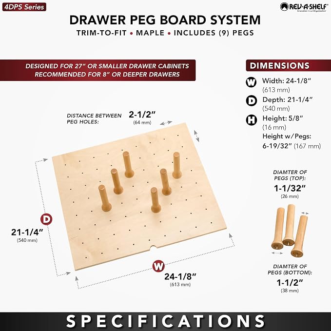 Rev-A-Shelf Trimmable Pegboard Drawer Divider Organizer, Trim to Custom Fit Wooden Kitchen Cabinet Storage Utensil, Pots & Dish Rack, 24" x 21", 4DPS-2421