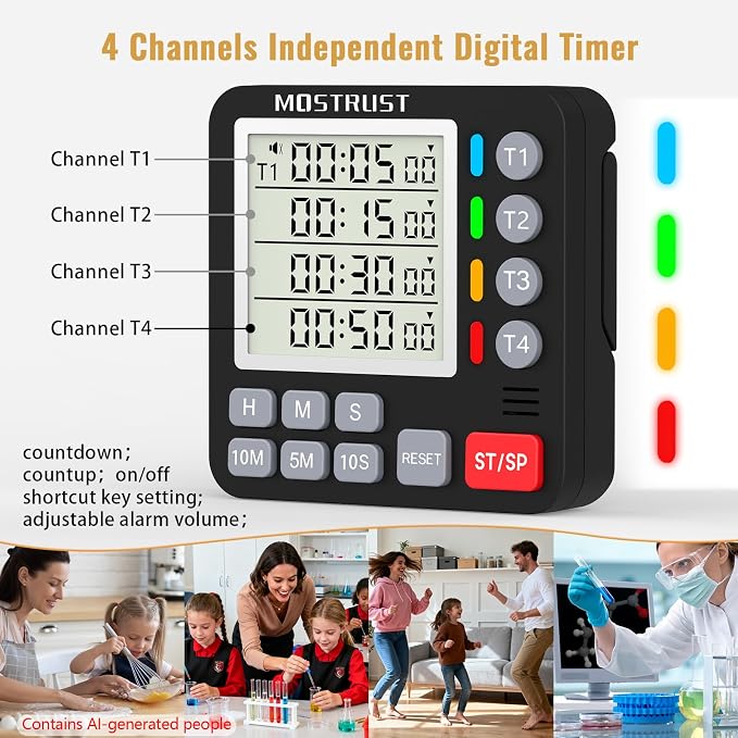 Digital Dual Kitchen Timer, Multiple Channels Countdown Timer | 4-Groups Timer with Magnetic-Back Memory-Preset Large Display Adjustable Alarm Volume, 3A Battery Included, Ideal for Cooking
