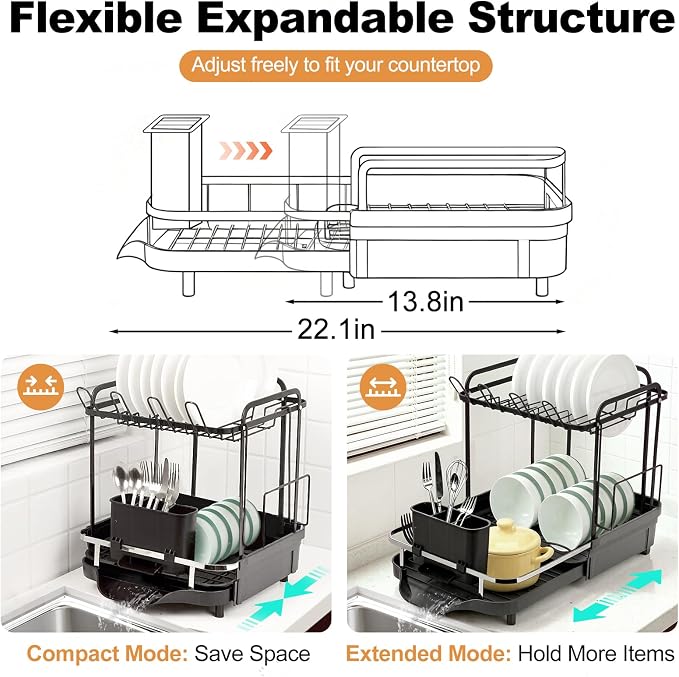 Expandable Stainless Steel 2-Tier Large Capacity Dish Drying Rack, Auto Drain Kitchen Counter Drainer with Rotatable Multi-Slot, Drainboard, Utensil, Cup Cutting Board Holder, 15"-22.4" Adjustable