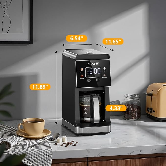 AIRMSEN Grind & Brew Coffee Maker with Built-In Grinder 5-Cup | Drip Coffee Machine with 24H Programmable Timer, 3 Grind Settings, Fresh Ground Coffee Maker for Home & Office