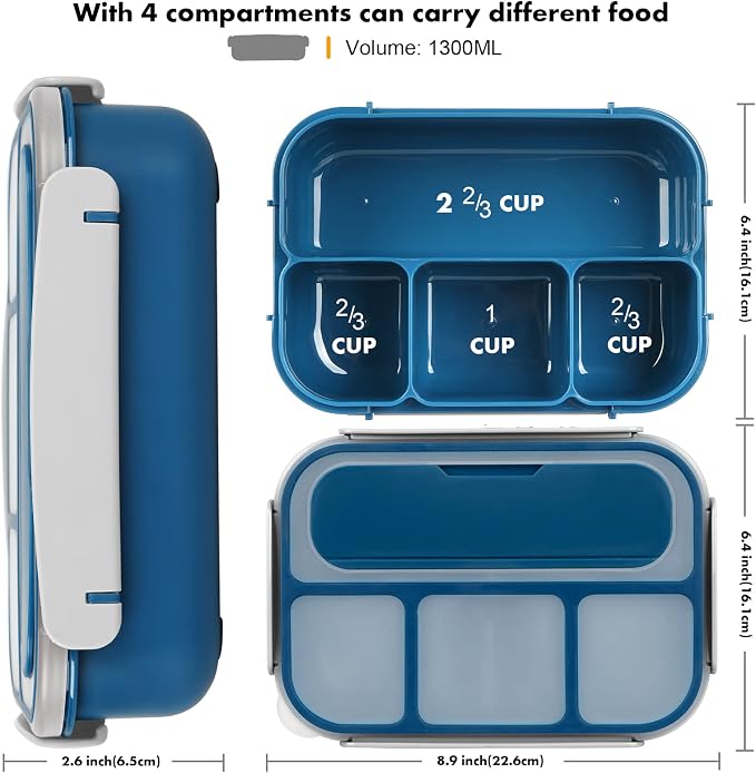 Bento Box for Kids 1300ML with 4 Compartment & Food Picks Cake Cups, Blue | Lunch Box Containers for Adults/Kids/Toddler, Leak-Proof, Microwave/Dishwasher/Refrigerator Safe, BPA Free