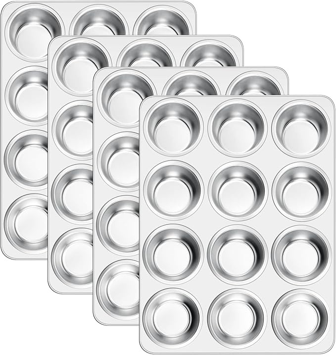 E-far 12-Cup Muffin Pan Set of 6, Stainless Steel Cupcake Pan for Oven | Non-Toxic Metal Muffin Tins for Baking Muffins & Cupcakes, Regular Size & Easy Clean, Dishwasher Safe