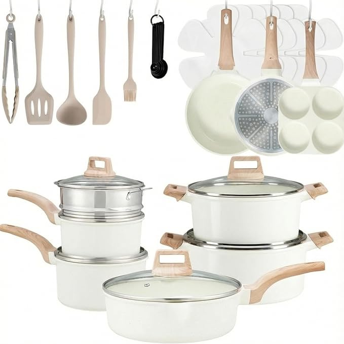 Simple Deluxe 25Pcs Ceramic Cookware Set, Nonstick & Non-Toxic Healthy Pots and Pans, Heat-Resistant Handles, Induction Cookware Sets with Frying Pans, Beige