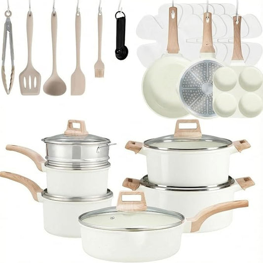 Simple Deluxe 25Pcs Ceramic Cookware Set, Nonstick & Non-Toxic Healthy Pots and Pans, Heat-Resistant Handles, Induction Cookware Sets with Frying Pans, Beige