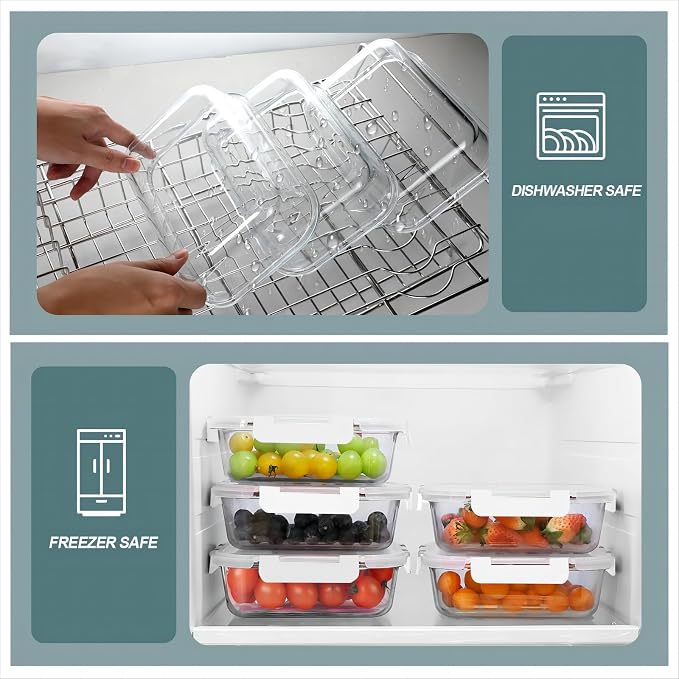 30 oz 5 Pack Glass Meal Prep Containers 2 Compartments, Glass Food Storage Containers with Lids, Airtight Lunch Box, Microwave, Oven and Freezer Safe, White