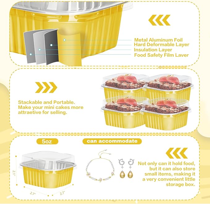 30Pack 5oz Gold Mini Cake Pans with Lids Baking Cups Aluminum Foil Pans Tins, Individual Dessert Cups Containers for Sales,Party,Picnics