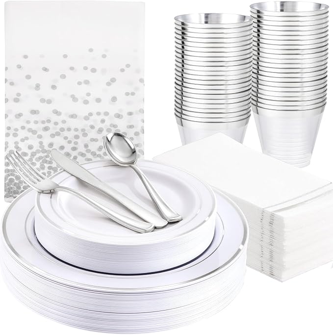 GATHER 176PCS Silver Plastic Plates for Wedding and Party | White and Silver Disposable Plates include 50 Plates, 75 Silverware, 25 Napkins, 25 Cups, 1 Tablecloth