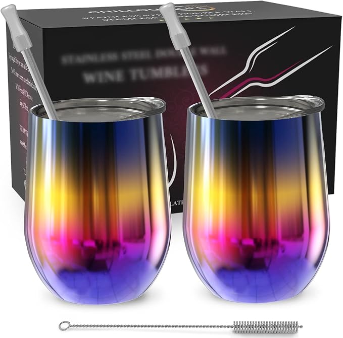 CHILLOUT LIFE 12 oz Stainless Steel Wine Tumblers 2 Pack - Double Wall Vacuum Insulated Wine Glasses Cups with Lids and Straws Set Keeping Cold & Hot for Coffee, Beer, Ice Cream - Colorful Rainbow