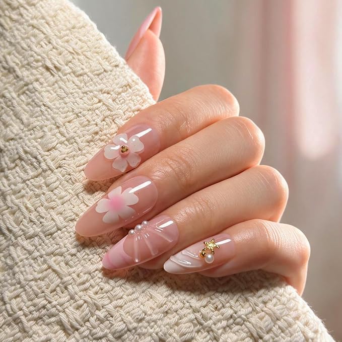 Press on Nails, 6 Packs (144 Pcs) Short Almond French Sets, 3D Floral | 6-Style 12 Sizes, Glossy, Salon Quality, Reusable Full Cover, Cute Cherry Polka Dot Fake Nails