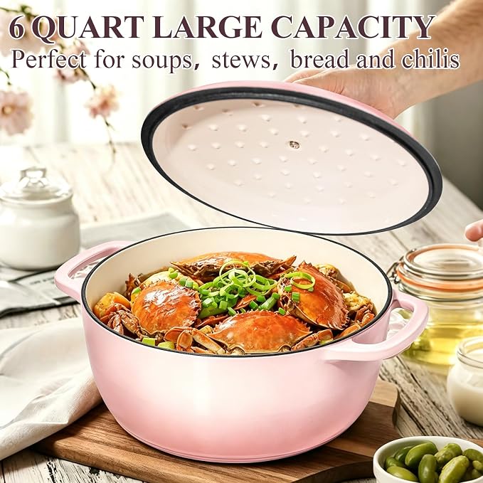 Wildone 6QT Enameled Cast Iron Dutch Oven Pot with Lid, Heavy-Duty Cookware for Bread Baking, Braising, Stews, Roasting, Wedding Registry Ideas & Gifts, Pink