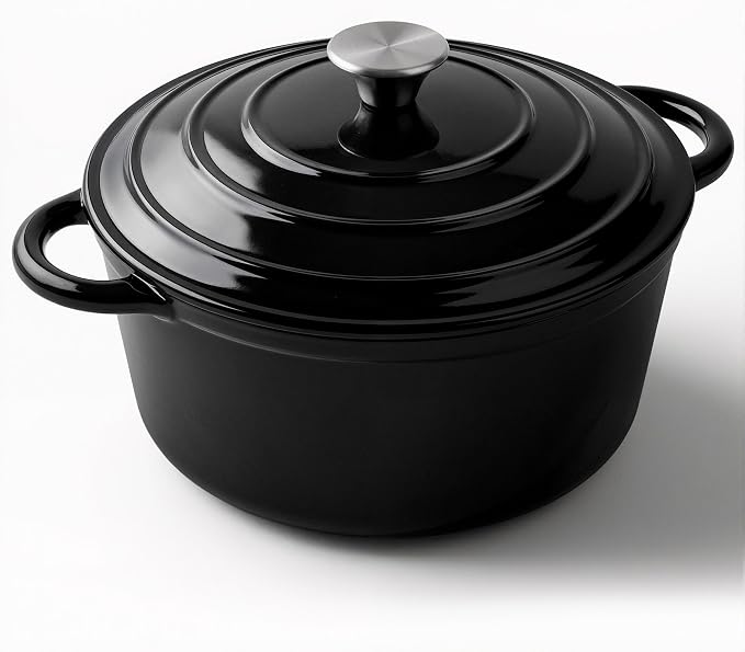 Miereirl 6 Quart Enameled Dutch Oven Pot with Lid, Cast Iron Dutch Oven with Dual Handles for Bread Baking, Cooking, Non-stick Enamel Coated Cookware (Black)