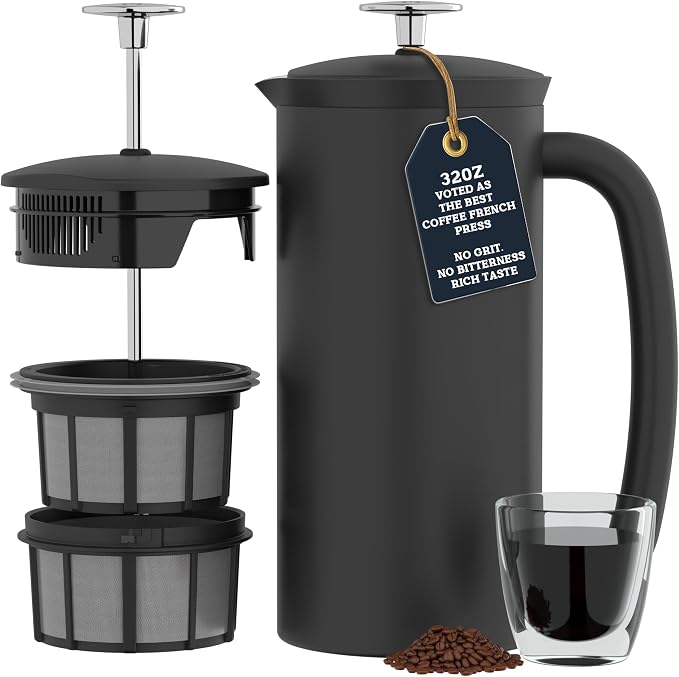 ESPRO P7 French Press, 32oz, Matte Black, Stainless Steel Coffee Maker | Double Filter Coffee Press, Grit-Free Coffee, Heat Resistant Insulated tea Press, Easy Hot and Cold Coffee Brewer, Tea Brewer