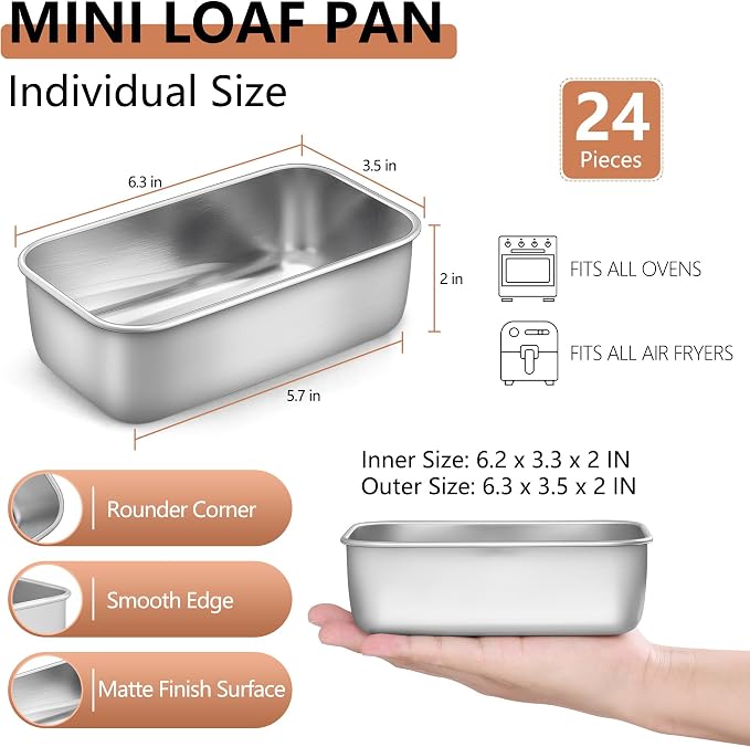 LIANYU Stainless Steel 6.3 x 3.5 In Mini Loaf Pan for Baking Bread, 24 PCS | Small Bread Loaf Pan Mold for Homemade Meatloaf, Metal Tin Loaf Pan Perfect for Banana Sourdough, Dishwasher Safe