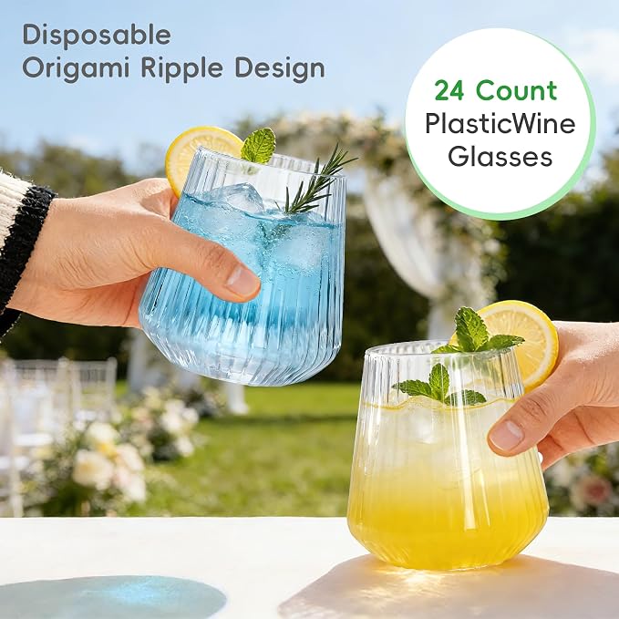 N9R 24PCS Plastic Wine Glasses Disposable,14 oz Cocktail & Spritz Glasses | Clear Stemless Champagne/Whiskey/Drinking Glasses, Elegant Origami Ripple, Shatterproof, for Parties, Weddings, Pool and Bar