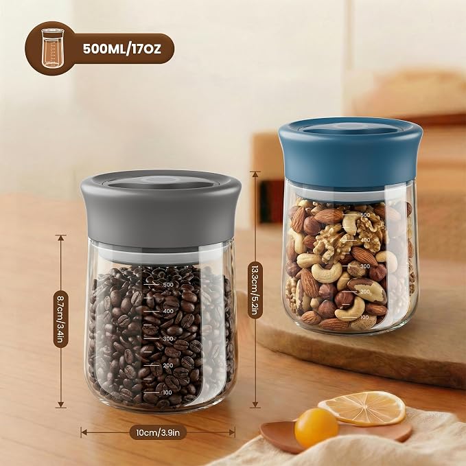 Airtight Glass Storage Jar 16 oz, Easy Open 1/4-Turn Lid Coffee Container | Easy-Open Quarter-Turn Lid, Airtight, Food Grade, Transparency, with Scale