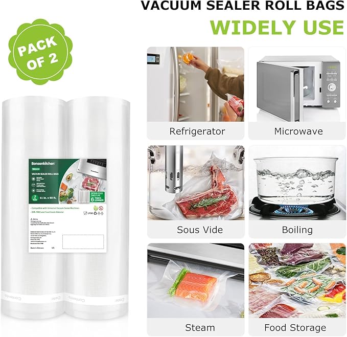 Bonsenkitchen Vacuum Sealer Bags, 2 Rolls 11" x 50', for Food Storage Saver | Commercial Grade Textured Food Roll Bags, BPA-Free & Food Grade, Customized Size Bag for Sous Vide Cooking, VB3210
