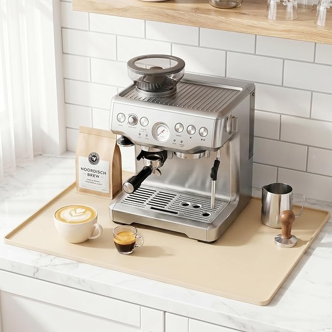 Golener Coffee Bar Mat, Silicone Coffee Mat with Raised Edges, 24"x16" | Coffee Mat for Countertop, Waterproof Coffee Station Mat, Dish Drying Mat Under Rack, Heat Resistant Coffee Machine Mat,Beige