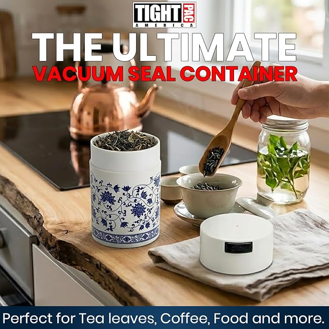 Tightpac America, Inc. Teavac 6-Ounce Vacuum Sealed Tea Storage Container, White Floral Design