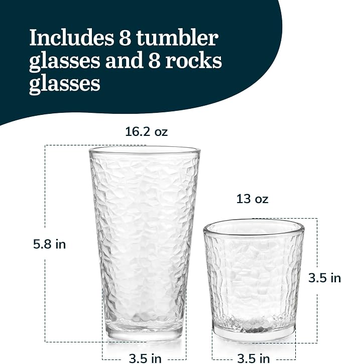 Libbey Yucatan Textured Tumbler & Rocks Drinking Glasses Set of 16 | Jumbo Margarita Glass Cups with 16.2 oz and 13 oz Capacities for Frozen Cocktails, Mocktails & Entertaining
