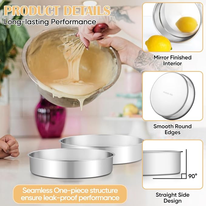 TeamFar 9 Inch Cake Pan Set of 2, Stainless Steel Round Cake Baking Pan | Layer Baking Tin for Birthday Wedding, Non-Toxic & Heavy-Duty, Mirror Finish & Leak Proof, Oven & Dishwasher Safe
