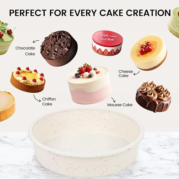 Vinino 8 Inch Round Cake Pan, Silicone Mold with Stainless Steel Frame | Perfect for Cheesecake, Layer Cakes & Desserts, Nonstick Surface, Easy Release and Cleanup