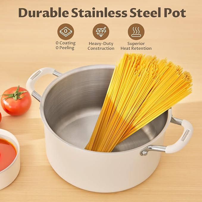BEZIA 6QT Fully Clad 3-Ply Stainless Steel Stock Pot with Lid, Cooking Pot | Cool-Touch Silicone Handles, Premium Heat Retention & Durability, Oven & Dishwasher Safe, Induction Ready, for Quick Meals