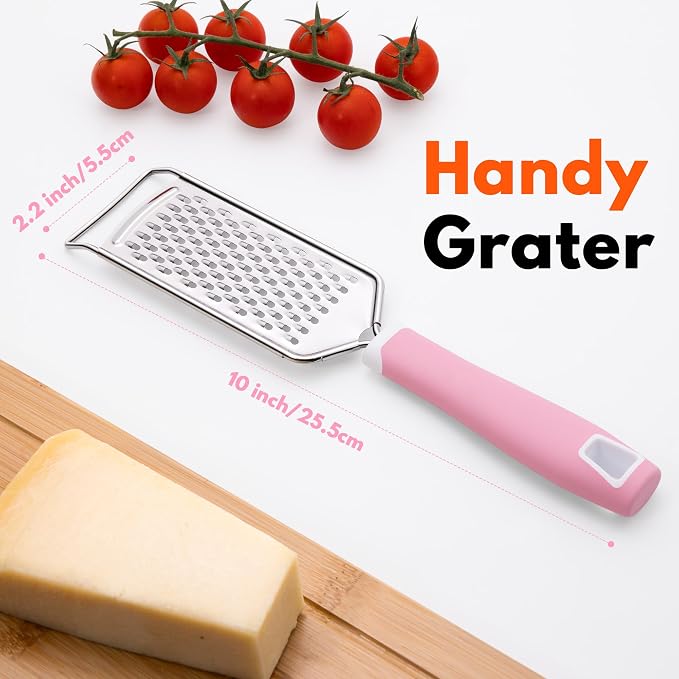 Professional Cheese Graters for Kitchen Stainless Steel Handheld, Metal Lemon Zester Grater With Handle For Cheese, Chocolate, Spices, Kitchen Gadgets And Tools, Soft Grip Handle, Pink